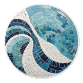 Pomo De Cerámica Olas oceánicas Resumen Mar Azul Faux Mosaic