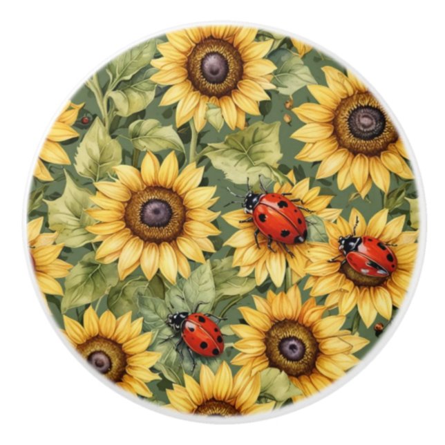 Pomo De Cerámica Olive Green Green Greeneration Sunflower Lady Bug  (Anverso)