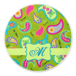 Pomo De Cerámica Olive Green Modern Paisley Monograma Inicial