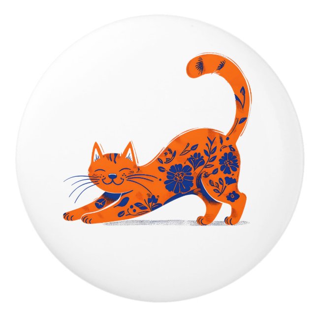 Pomo De Cerámica Orange and Blue Floral Cat Door Pull (Anverso)