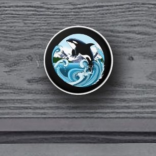 Pomo De Cerámica Orca Majestuosa Ballena Asesina Olas Azules Océano