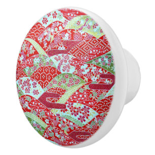 Pomo De Cerámica Origami Yuzen Knob japonés de arte rojo floral