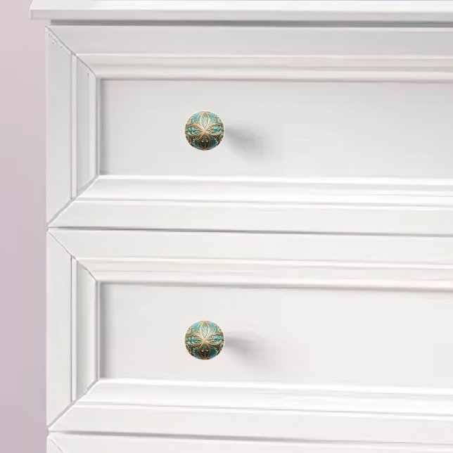 Pomo De Cerámica Ornamental Gold Filigree Verde azulado Pearl Sheen (Subido por el creador)
