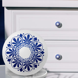 Pomo De Cerámica Ornamento de clave griega - azul y blanco