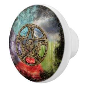 Pomo De Cerámica Ornamento de la luna de Pentáculo Elemental de Tr