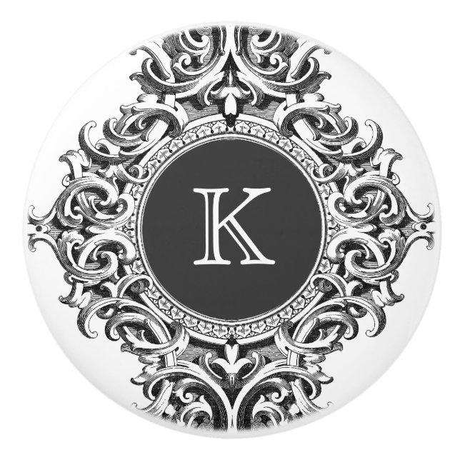 Pomo De Cerámica Ornamento floral gris monogramado (Anverso)