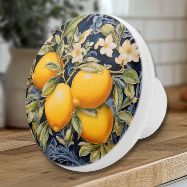 Pomo De Cerámica Ornate Lemons - Navy Ceramic Knob (Ornate Mediterranean Lemons on Navy - Italian Style Ceramic Knob)