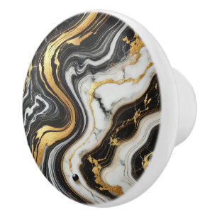 Pomo De Cerámica Oro Líquido Mármol Negro Blanco Glam 