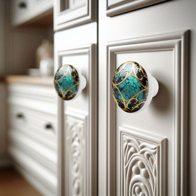 Pomo De Cerámica Oro Ornamental Filigree Verde azulado Mármol Negro (Subido por el creador)