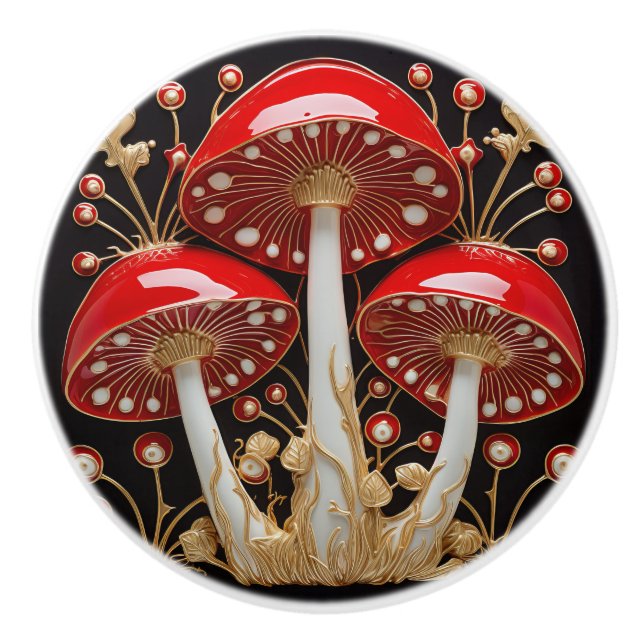Pomo De Cerámica Oro Rojo Amanita Muscaria Efecto 3D (Anverso)