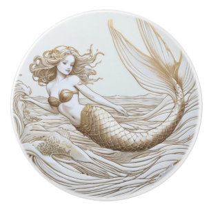 Pomo De Cerámica Oro y sirena blanca y olas oceánicas hacia la izqu