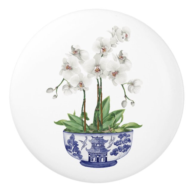 Pomo De Cerámica Orquídea Blanca Chinoiserie (Anverso)