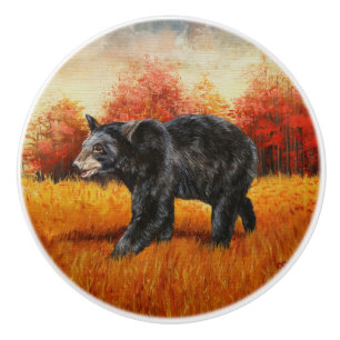 Pomo De Cerámica Oso Negro en el bosque otoñal