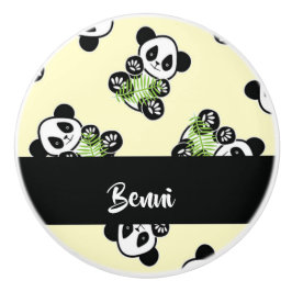 Pomo De Cerámica Oso panda con hojas verdes de bambú