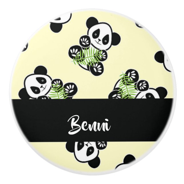 Pomo De Cerámica Oso panda con hojas verdes de bambú (Anverso)