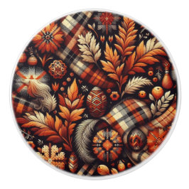 Pomo De Cerámica Otoño Plaid Leaves Naranja Patrón negro
