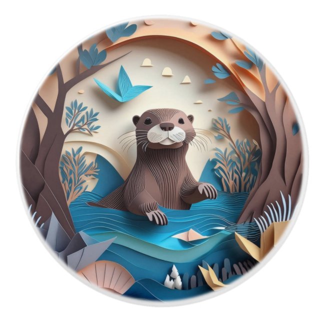 Pomo De Cerámica Otter de origami de papel en agua 3D (Anverso)