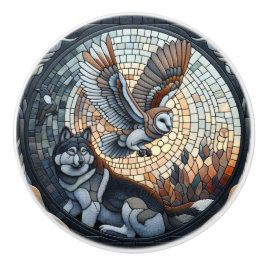 Pomo De Cerámica Owl and Wolf Mosaic Ai Art