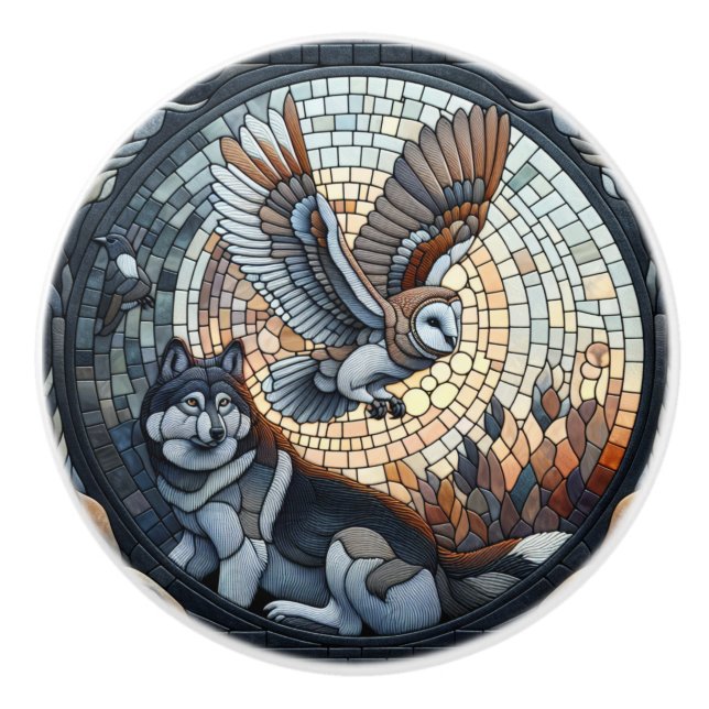 Pomo De Cerámica Owl and Wolf Mosaic Ai Art (Anverso)