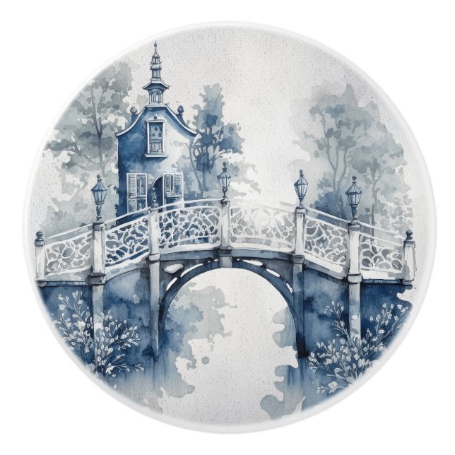 Pomo De Cerámica Paisaje de estilo Delft azul y blanco (Anverso)