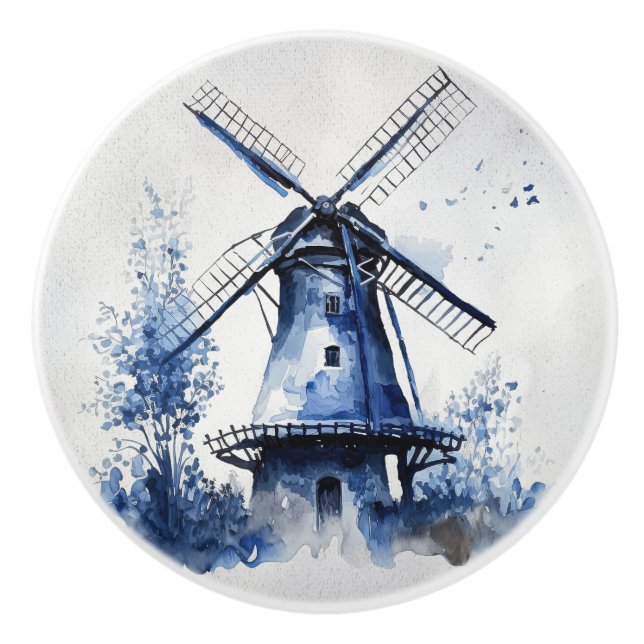 Pomo De Cerámica Paisaje de estilo Delft azul y blanco con molino d (Anverso)
