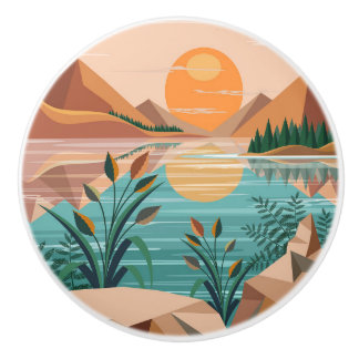 Pomo De Cerámica Paisaje de puesta de sol en lago de montaña pacífi