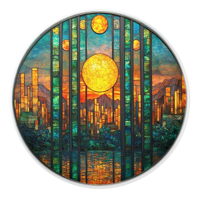 Pomo De Cerámica Paisaje urbano Art Decó Fijando Montañas Solares (Anverso)
