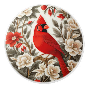 Pomo De Cerámica Pájaro Cardinal del Norte Floral Hermoso