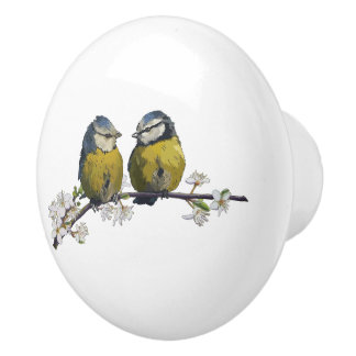 Pomo De Cerámica Pájaros de amor sentados en una rama de flores de