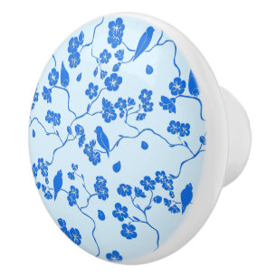 Pomo De Cerámica Pájaros en Flor de Cerezo Azul sobre Azul