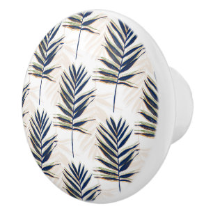 Pomo De Cerámica Palm azul moderno deja oro estalla diseño blanco