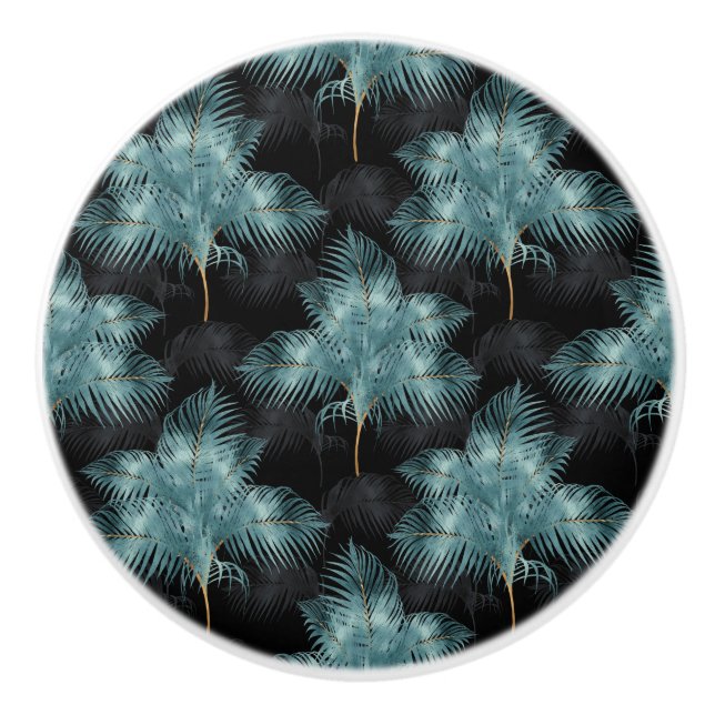 Pomo De Cerámica Palm metálica tropical azul y dorada deja verano (Anverso)