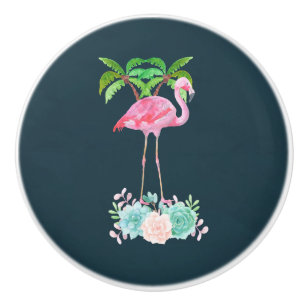 Pomo De Cerámica Palmeras de Flamingo Rosa y Suculentos Florales