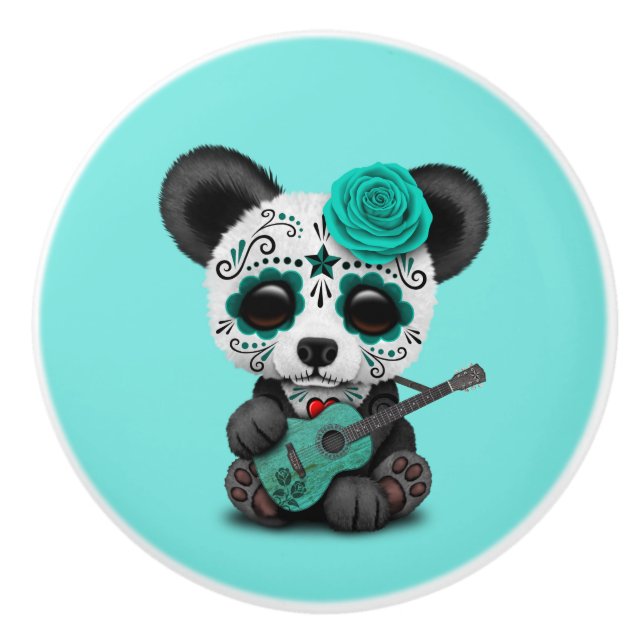 Pomo De Cerámica Panda azul del cráneo del azúcar que toca la (Anverso)