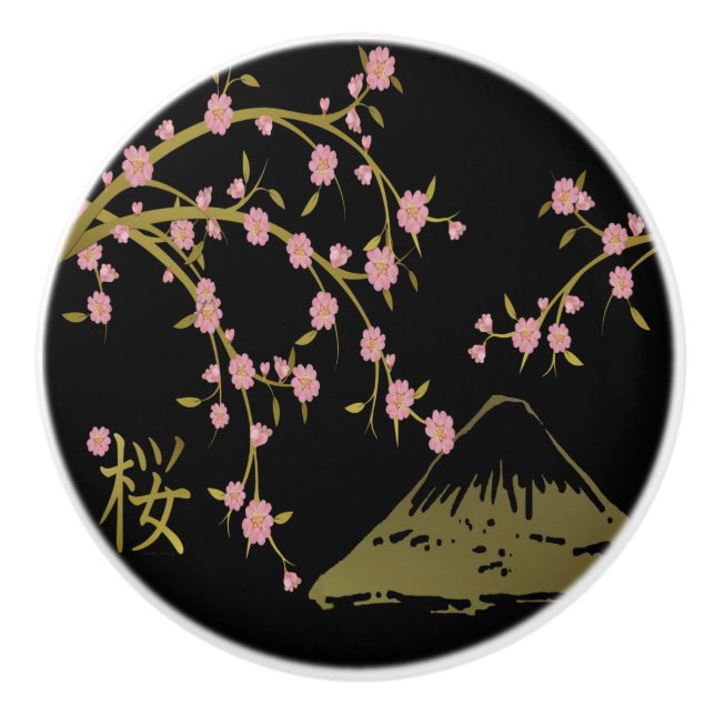 Pomo De Cerámica Pantalla rosa Sakura Gold en japonés negro (Anverso)