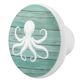 Pomo De Cerámica Pañuelo acuático de pulpo azul Faux Wood Nautical 
