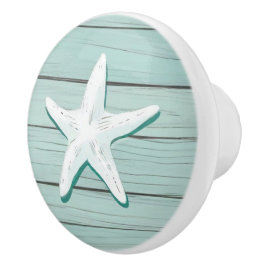 Pomo De Cerámica Pañuelo Aqua Blue Starfish Sea Star Faux Wood Draw