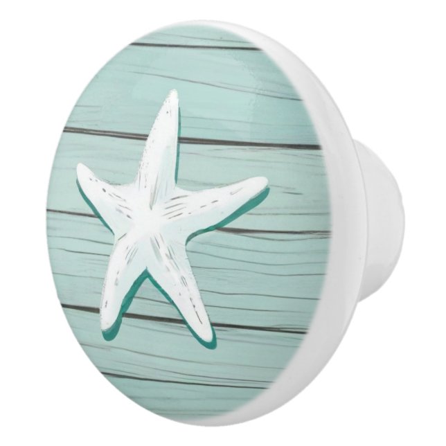 Pomo De Cerámica Pañuelo Aqua Blue Starfish Sea Star Faux Wood Draw (Derecha)