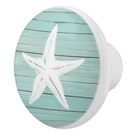 Pomo De Cerámica Pañuelo Aqua Blue Starfish Sea Star Faux Wood Draw