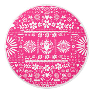Pomo De Cerámica Papel Español Blanco Rosa Caliente Picado Mexicano