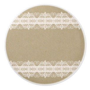Pomo De Cerámica Papel Kraft Marrón y Encaje Blanco Rústico