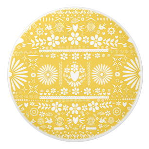 Pomo De Cerámica Papel Picado Amarillo Cortado Mexicano