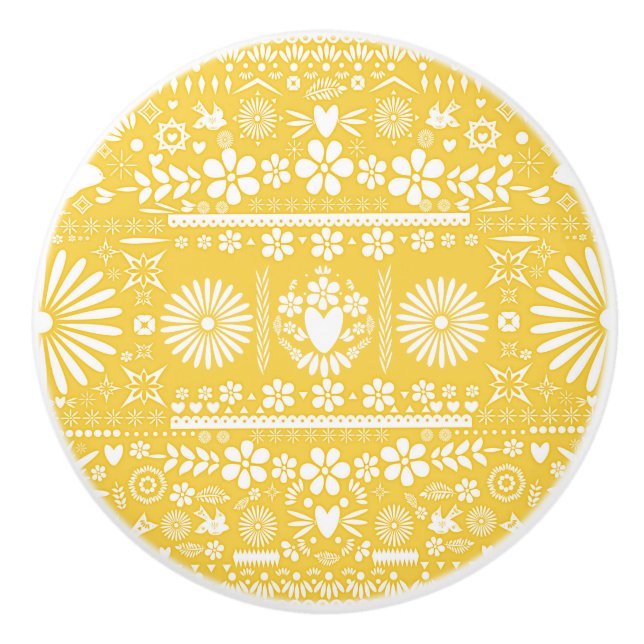 Pomo De Cerámica Papel picado amarillo mexicano papel español (Anverso)