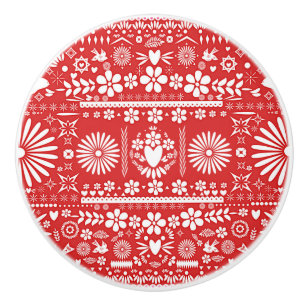 Pomo De Cerámica Papel picado rojo y blanco cortado Mexicano españo