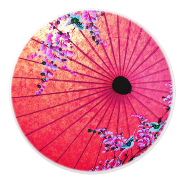 Pomo De Cerámica Parasol rojo rosa con flores de japón oriental (Anverso)