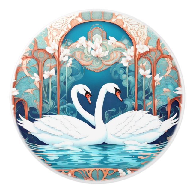 Pomo De Cerámica Pareja de cisnes Art Nouveau Pájaro Turquesa Aqua  (Anverso)