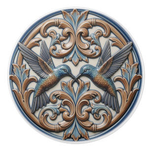 Pomo De Cerámica Pareja de Colibríes Faux Relieve Azul Oro