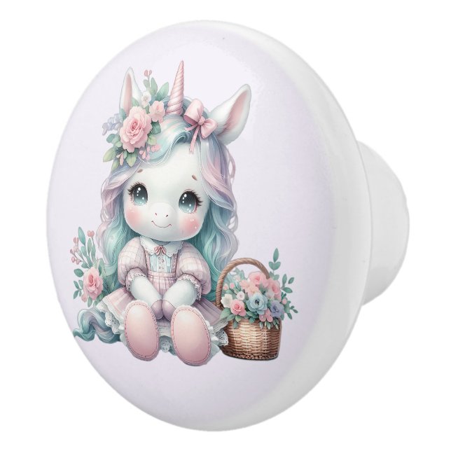 Pomo De Cerámica Pastel Kawaii Unicorn Doll with Flower Basket (Derecha)