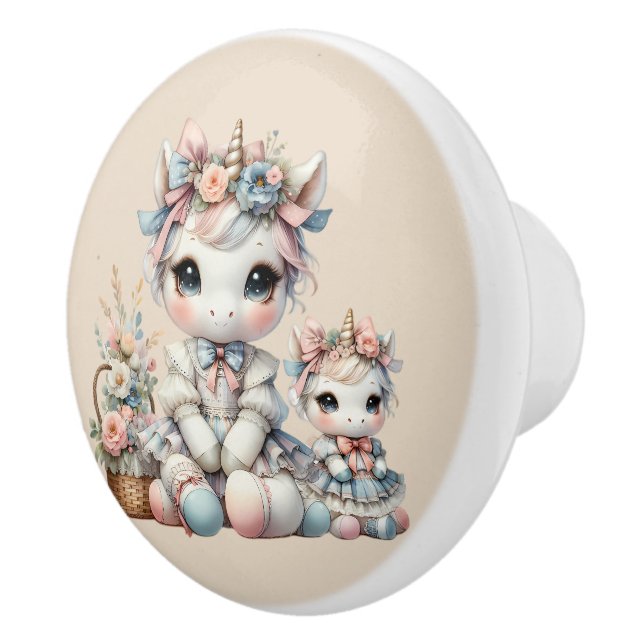 Pomo De Cerámica Pastel Kawaii Unicornio Madre hija beige (Derecha)
