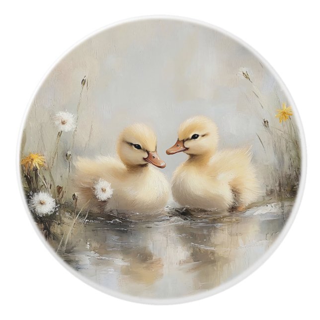 Pomo De Cerámica Patitos al aguarela Flores de diente de león (Anverso)